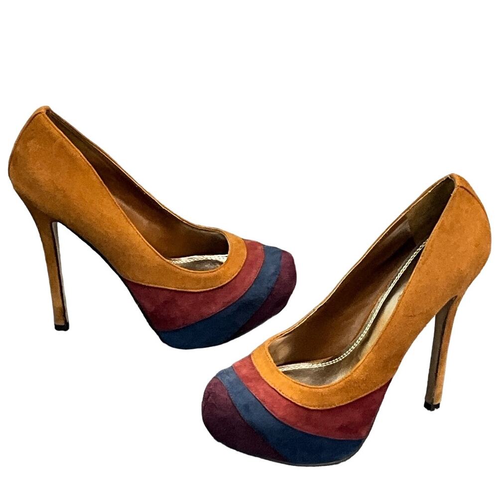 Baker’s Lita Tan Suede Color Block Stripe Platform Stiletto Heel Women 6.5